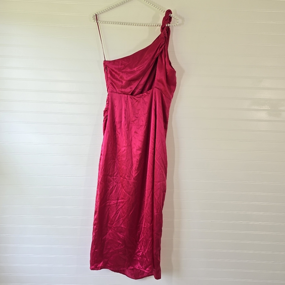 Anthropologie Braided One Shoulder 100% Silk Midi Dress in Raspberry NWT New - Picture 4 of 11